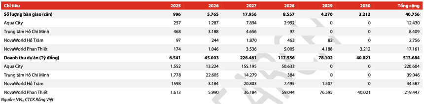 Kế hoạch bàn giao và ghi nhận doanh thu của Novaland giai đoạn 2025-2030 theo tính toán của VDSC.. Ảnh: VDSC.