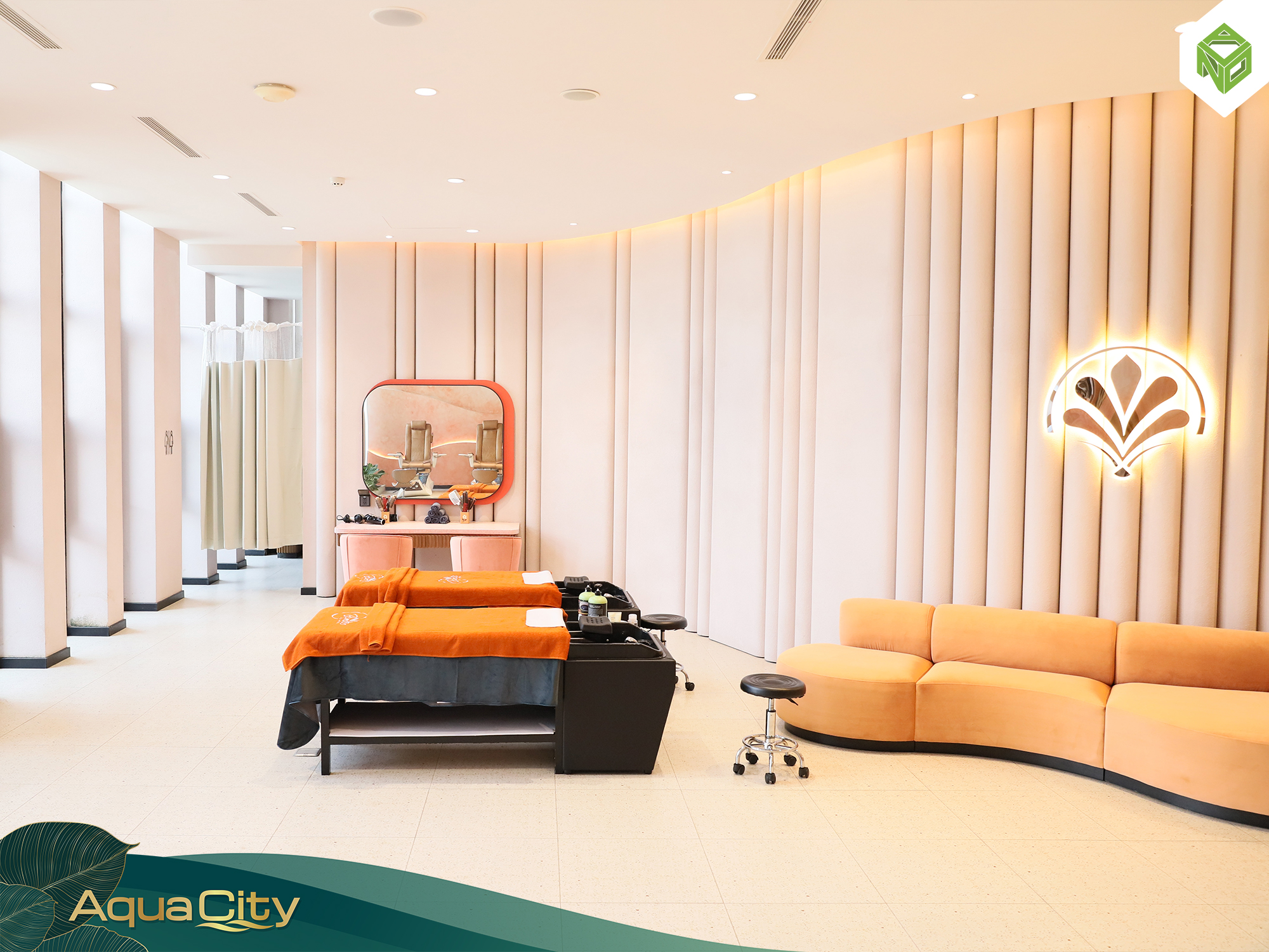 Không gian spa tinh tế, mang đến trải nghiệm thư giãn và chăm sóc sức khỏe chuẩn mực cho cư dân Aqua City.